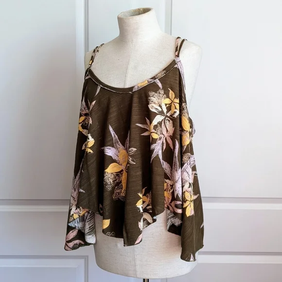 Free People Tank Top Floral Print Cotton  Sleeveless Draped Olive Combo M NWT - Picture 9 of 12